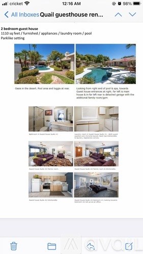A webpage displays a 2 bedroom guest house rental with a pool and a parking area.