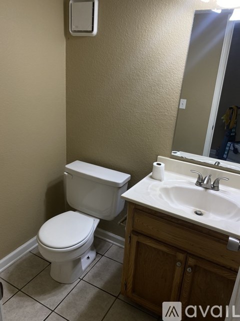 A white toilet sits next to a bathroom sink.