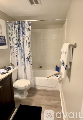 A bathroom with a toilet, a bathtub, and a shower curtain.