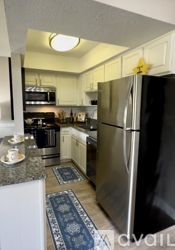 A kitchen with a black fridge and a black and white rug.
