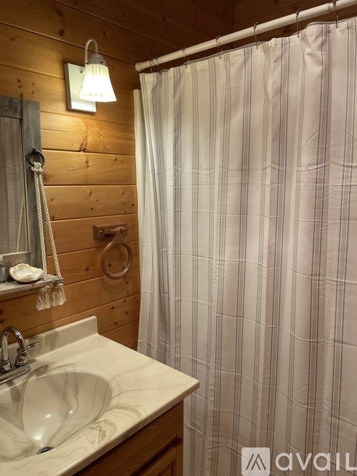 A bathroom with a white sink and a shower curtain.