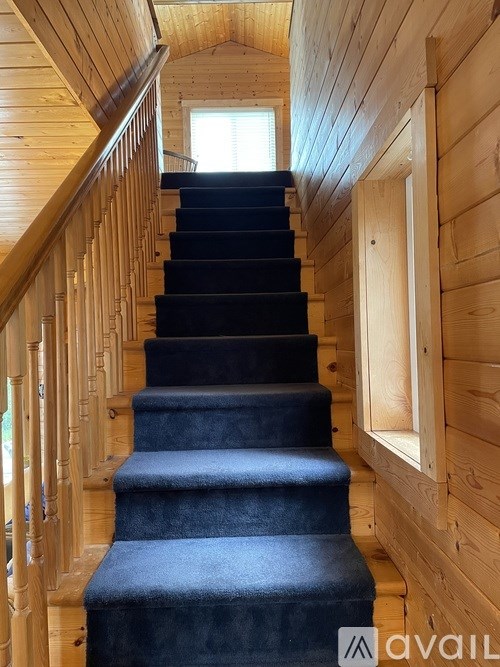 A set of stairs with a blue carpeted runner and wooden balusters.