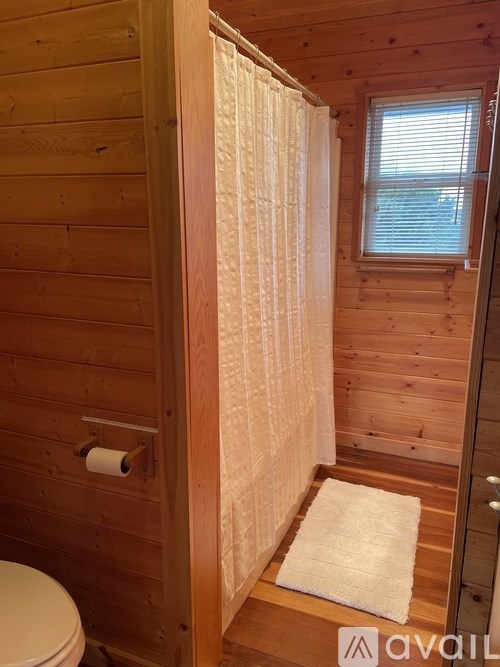 A wooden bathroom with a toilet and a shower curtain.