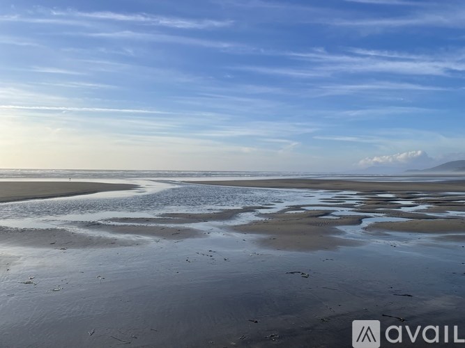 A beach with a clear sky and a mountain in the distance.