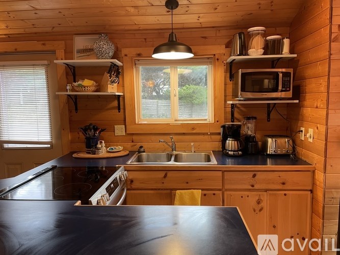 A kitchen with wooden walls and a black countertop.