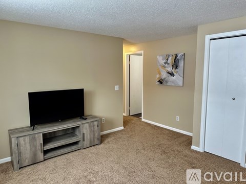A living room with a television and a carpeted floor.
