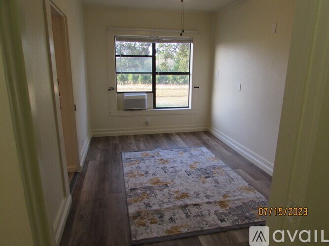 A room with a rug on the floor and a window with blinds.
