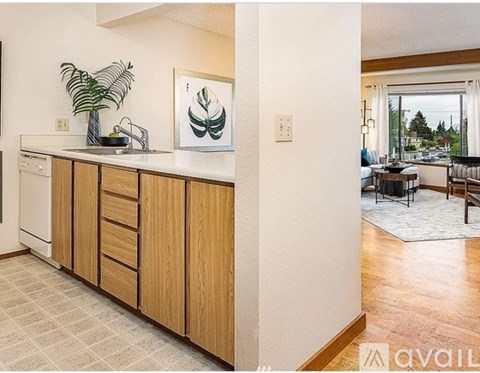 A kitchen with wooden cabinets and a plant on the counter.