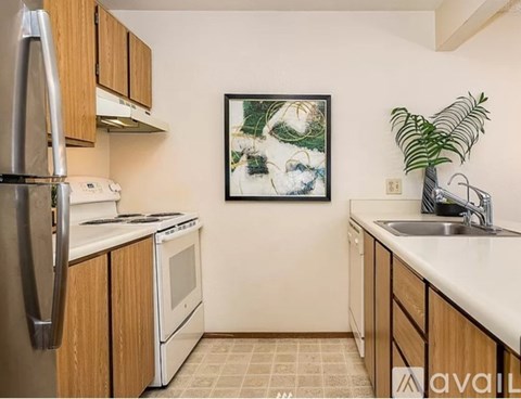 A kitchen with wooden cabinets and a fridge on the left.