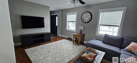 A living room with a grey couch and a television.