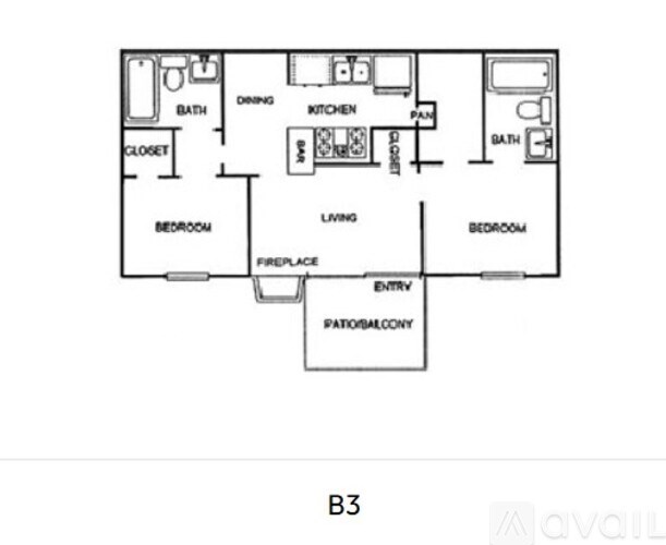 A floor plan of a home with a living room, dining room, kitchen, two bedrooms, a bathroom, a closet, and a fireplace.