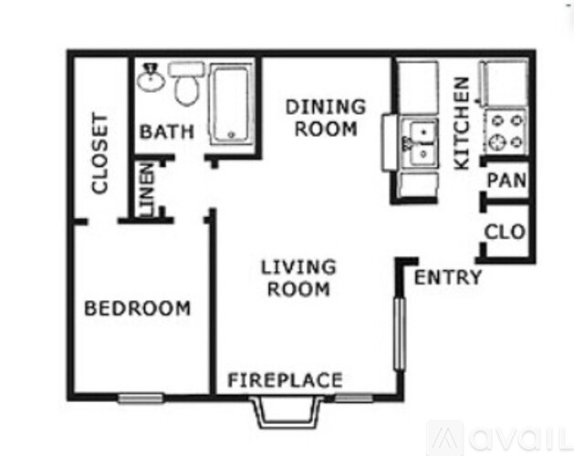 A floor plan of a living space with a bedroom, bathroom, kitchen, and living room.