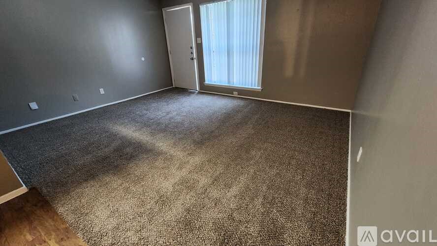 A room with a carpeted floor and a door leading to a window.