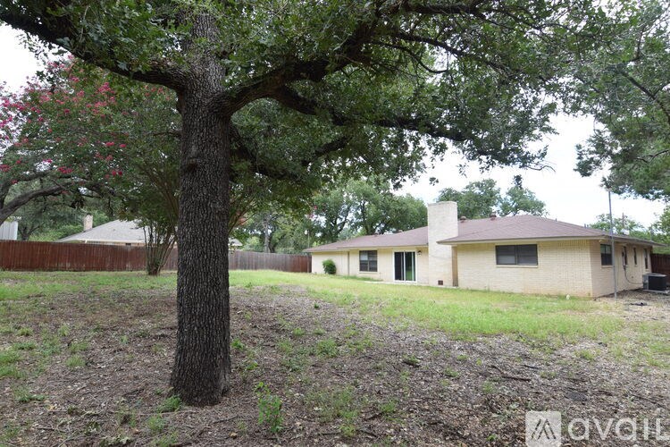 A tree stands in a yard in front of a house.