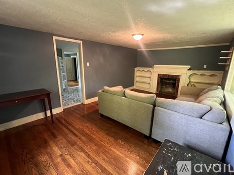 A living room with a grey couch and a fireplace.
