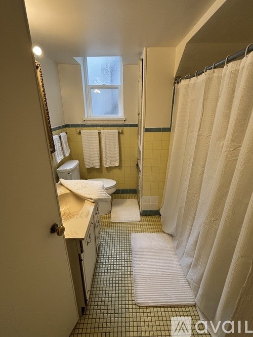 A bathroom with a toilet, sink, and shower curtain.