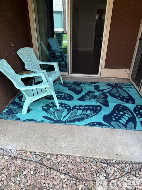 Two chairs are on a blue butterfly mat outside a door.