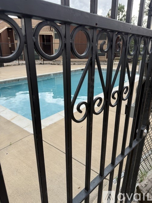 A black metal fence with circular designs is in front of a pool.