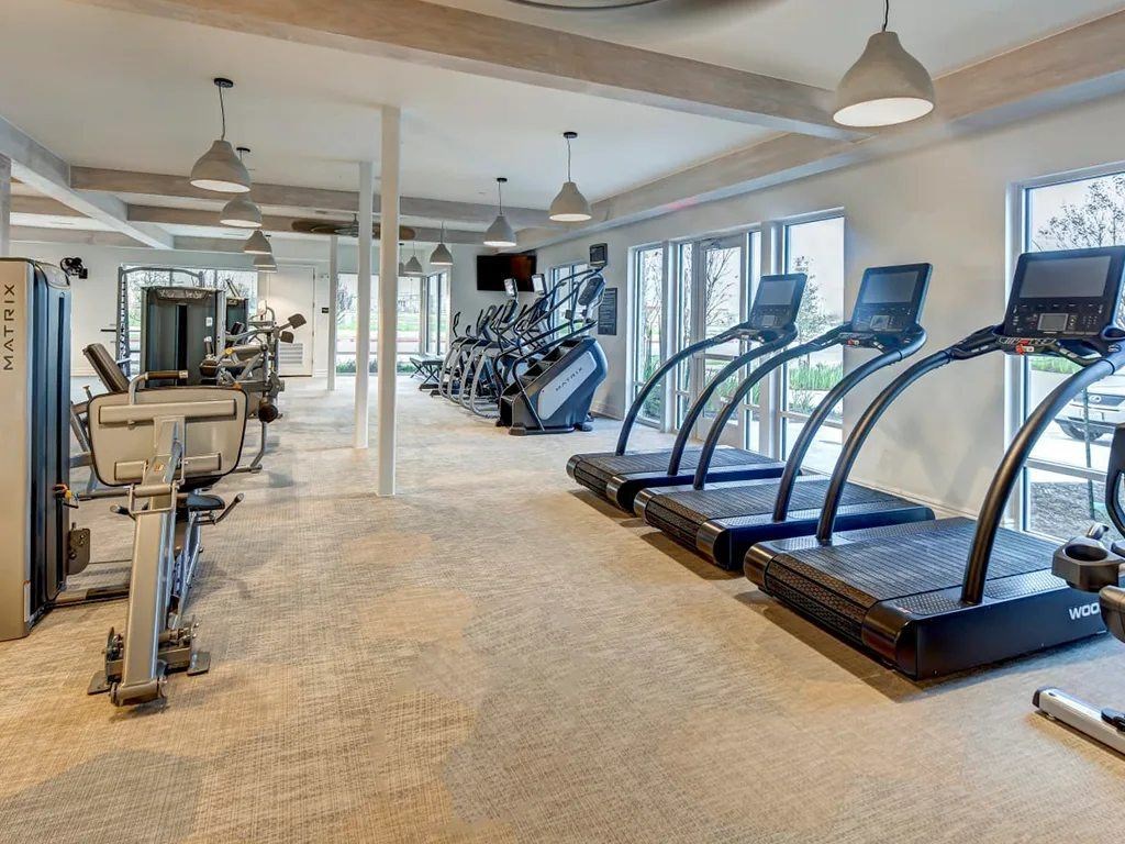 A gym with treadmills and exercise equipment.