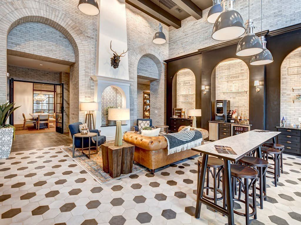 A living room with a black and white checkered floor.