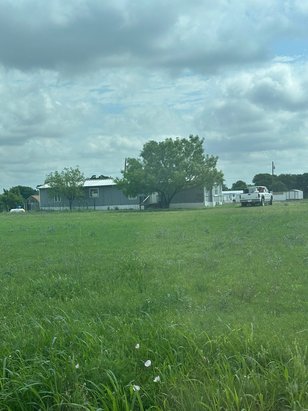 A grassy field with a house and trees in the background.