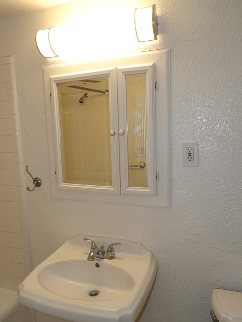 A bathroom with a sink, mirror, and toilet.