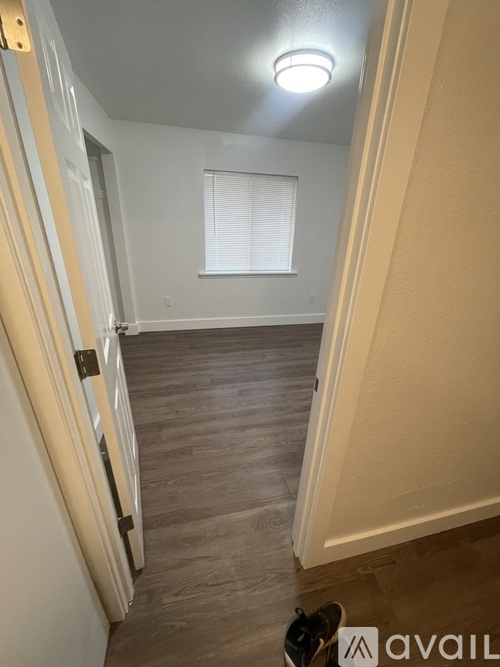 A hallway with a wooden floor and a white door.