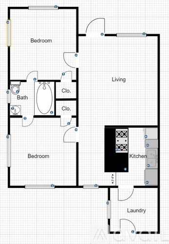 A floor plan of a house with a living room, kitchen, laundry room, and three bedrooms.