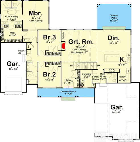 A floor plan of a house with a garage, living room, dining room, kitchen, and bathrooms.