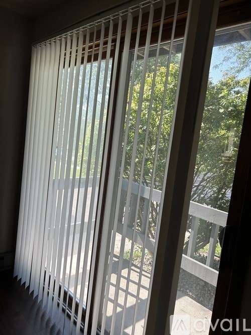A view of a backyard through a window with blinds.