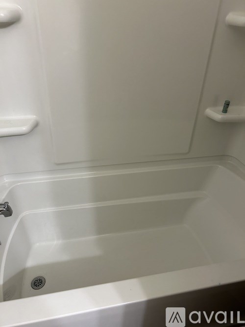 A white bathtub with a drain in the middle.