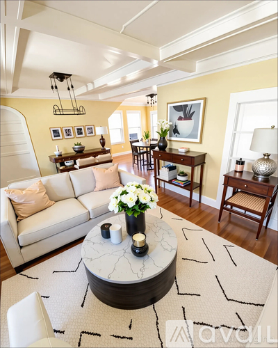 A living room with a white sofa, a coffee table with a marble top, and a rug with black lines.
