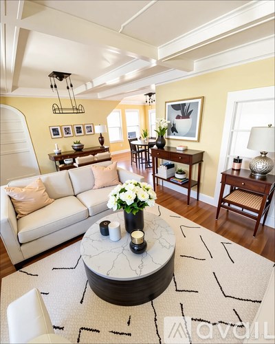 A living room with a white sofa, a coffee table with a marble top, and a rug with black lines.