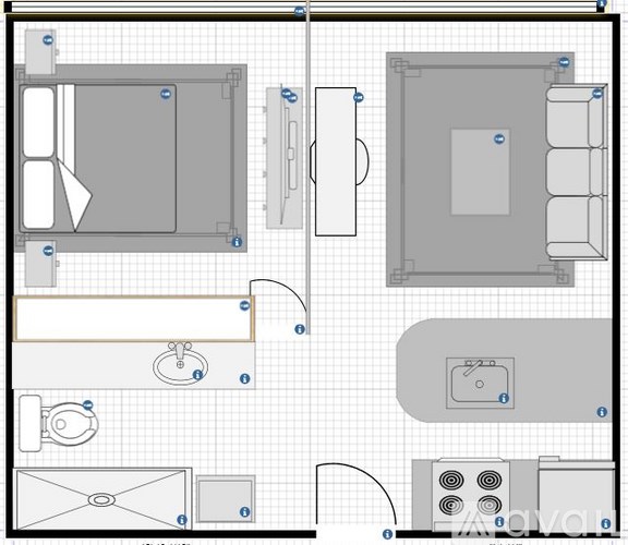 A floor plan of a house with a kitchen, living room, and bathroom.