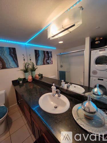 A bathroom with a black countertop and a white sink.