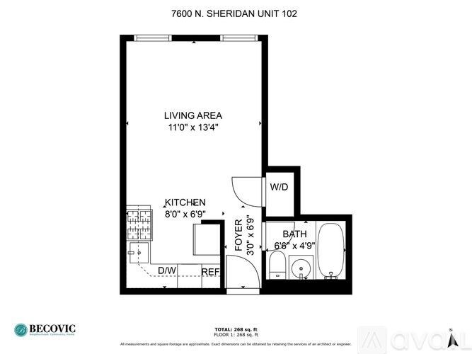 A floor plan for a 7600 N. Sheridan Unit 102 apartment, showing a living area, kitchen, and bath.