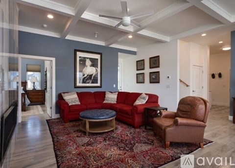 A living room with a red couch and a rug.