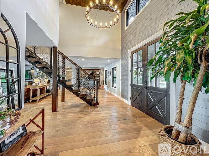 A large open space with a wooden floor and a tree in a pot.