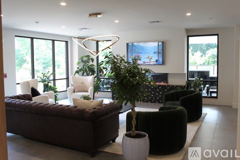 A living room with a brown couch, a tree, and a painting on the wall.