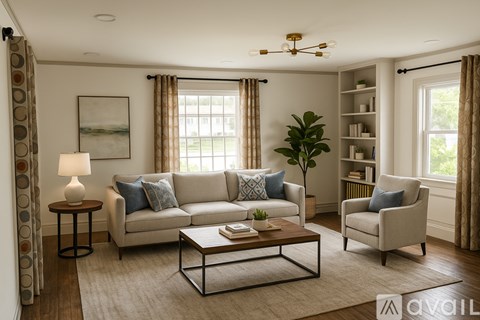 A room with wooden floors and a window with curtains.
