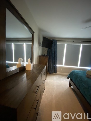 A bedroom with a bed, dresser, and mirror.