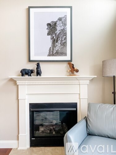 A black and white photo of a rocky cliff is framed and hung on a wall above a fireplace mantel.