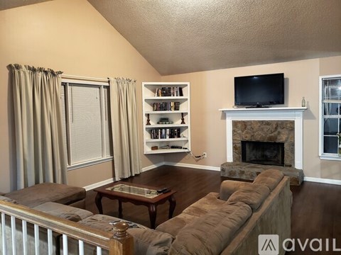 A living room with a fireplace and a television.