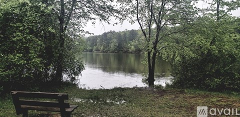 A bench is situated on the grass by a lake.