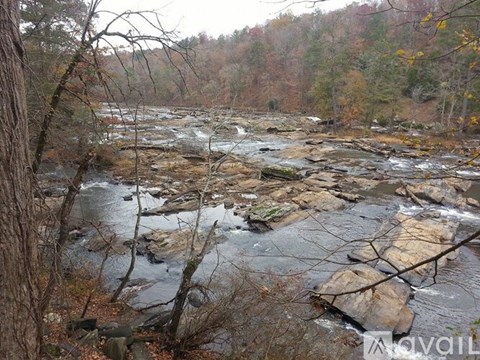 A river flows through a rocky landscape with trees in the background.