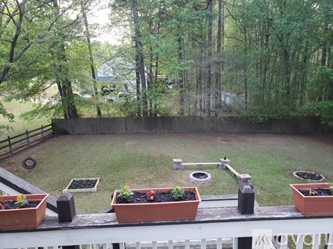 A backyard with a fence, a lawn, and potted plants.