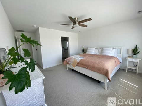 A bedroom with a large bed and a ceiling fan.
