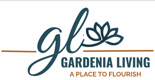 A logo for a company called Gardenia Living that says "A Place to Flourish".