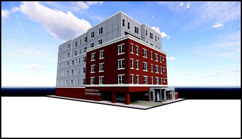 A red and white building with a flat roof and a balcony on the second floor.