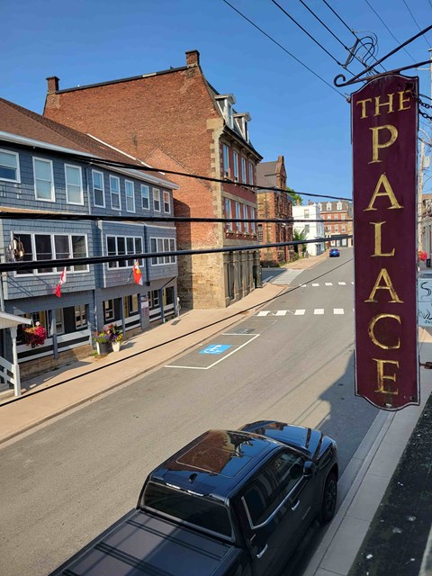 A sign for The Palace is on the side of a street.